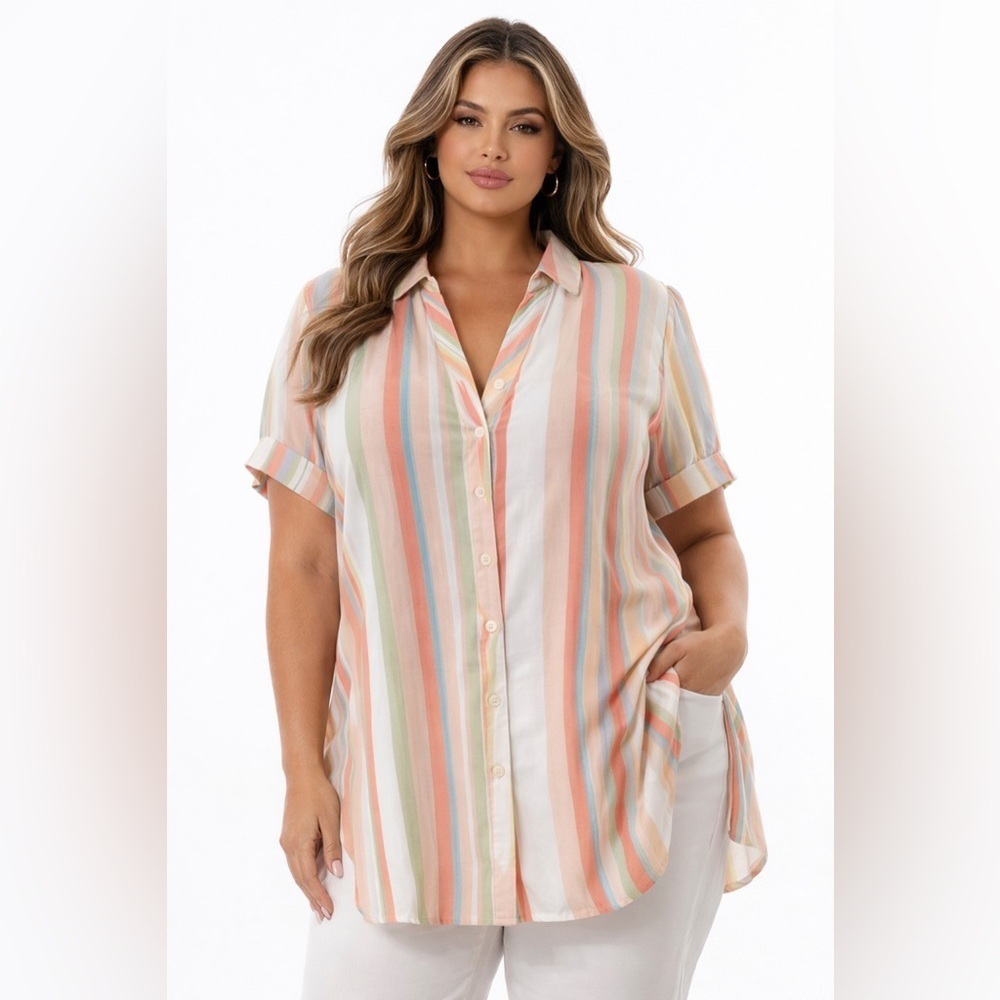 EVRI Multicolor Stripe Button Front Blouse Tunic Coastal Resort Boho Plus 1X